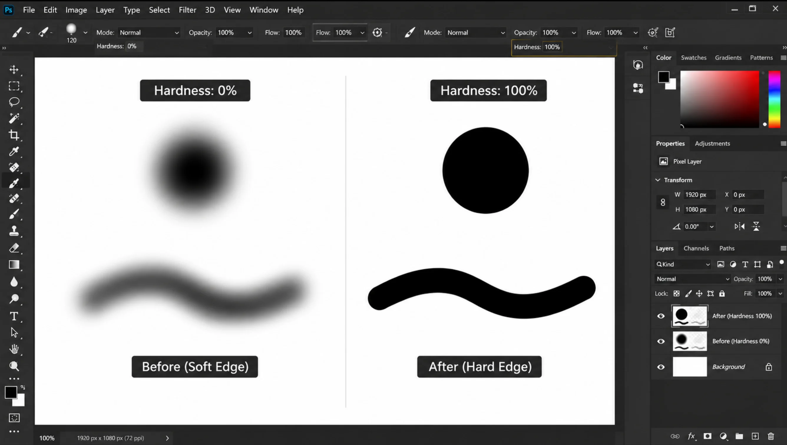 تنظیمات پایه: تغییر Size، Hardness و Opacity