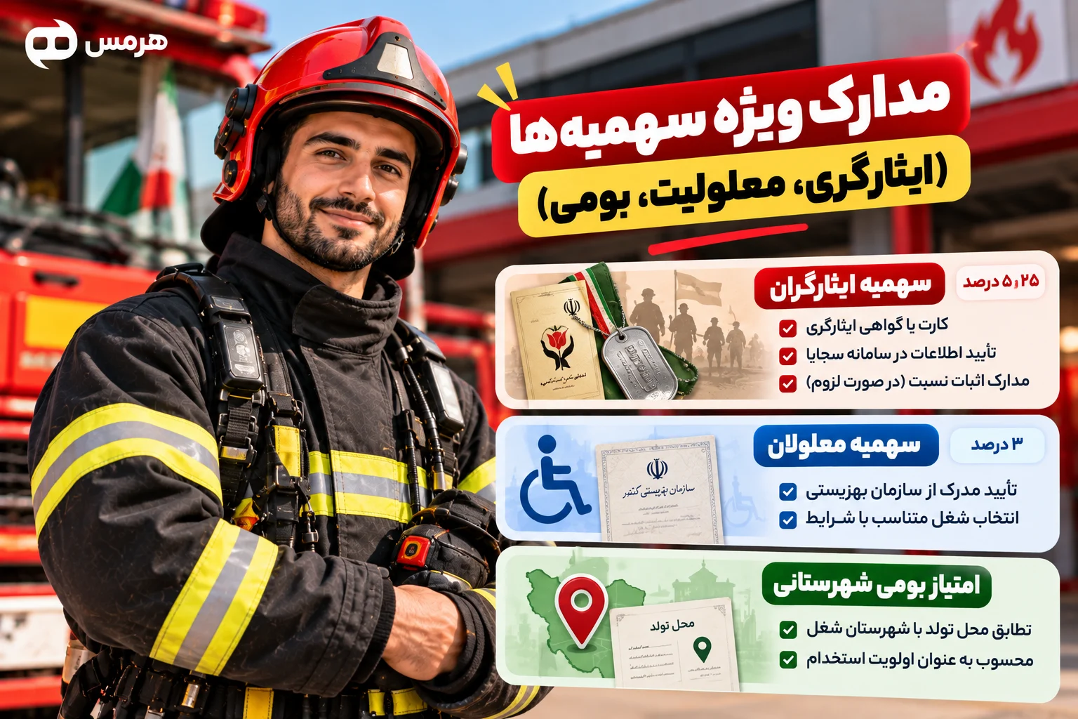 مدارک ویژه سهمیه ها (ایثارگری، معلولیت، بومی) چنانچه بخواهید علاوه بر شرایط عادی استخدام، از سهمیه یا امتیاز قانونی استفاده کنید، باید مدارک اثبات کننده آن را در زمان ثبت نام و ب