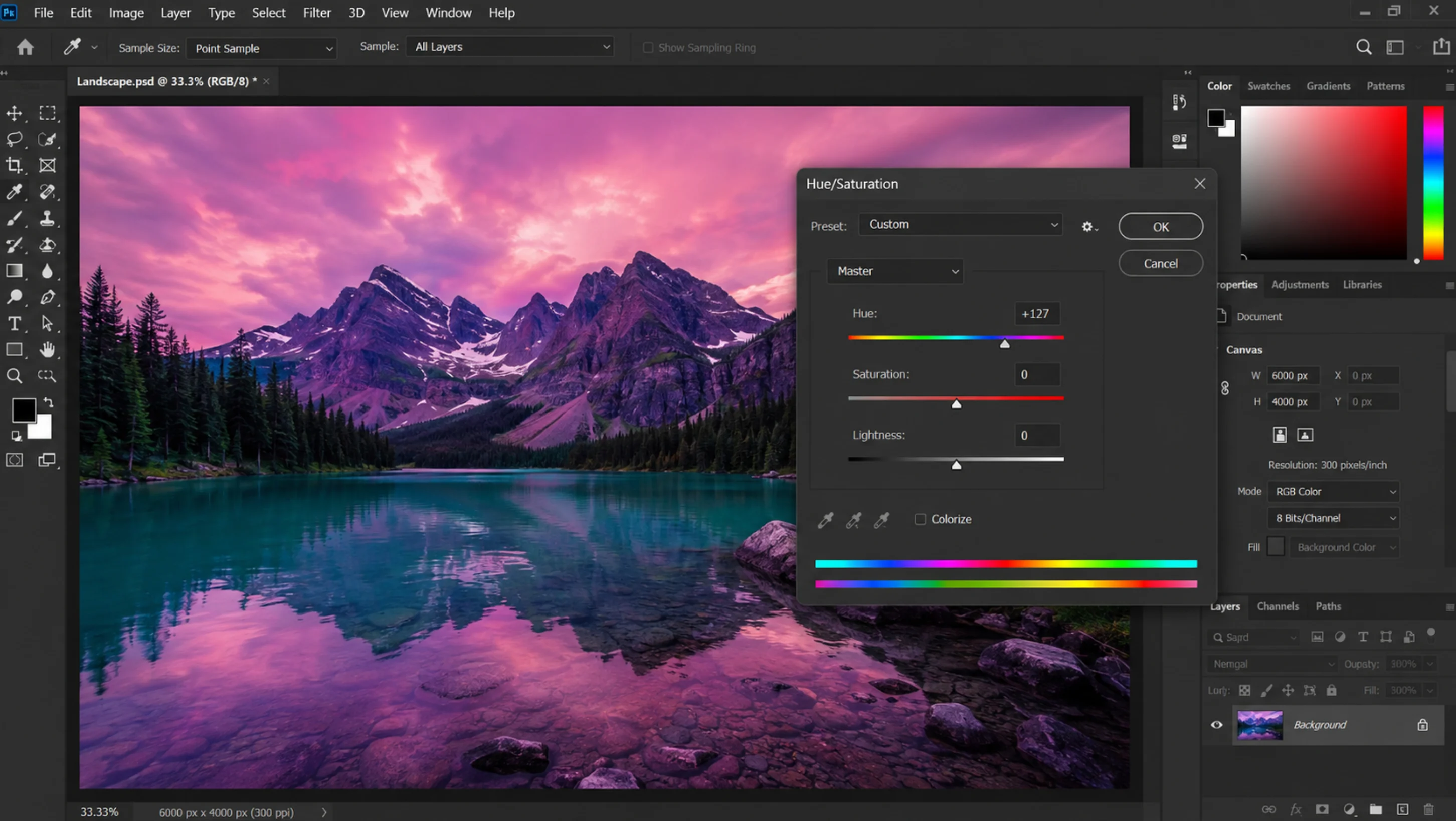 تغییر رنگ با ابزار Hue/Saturation(سریع‌ترین روش)