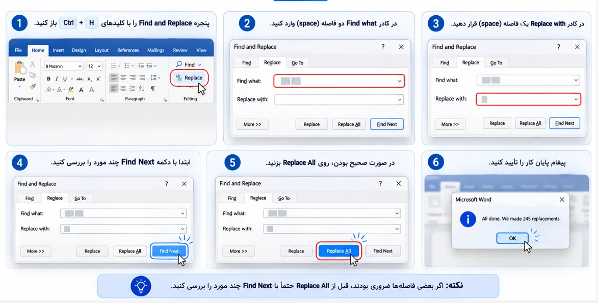 رفع مشکل فاصله و جدا شدن حروف (کلمات مقطع) در ورد