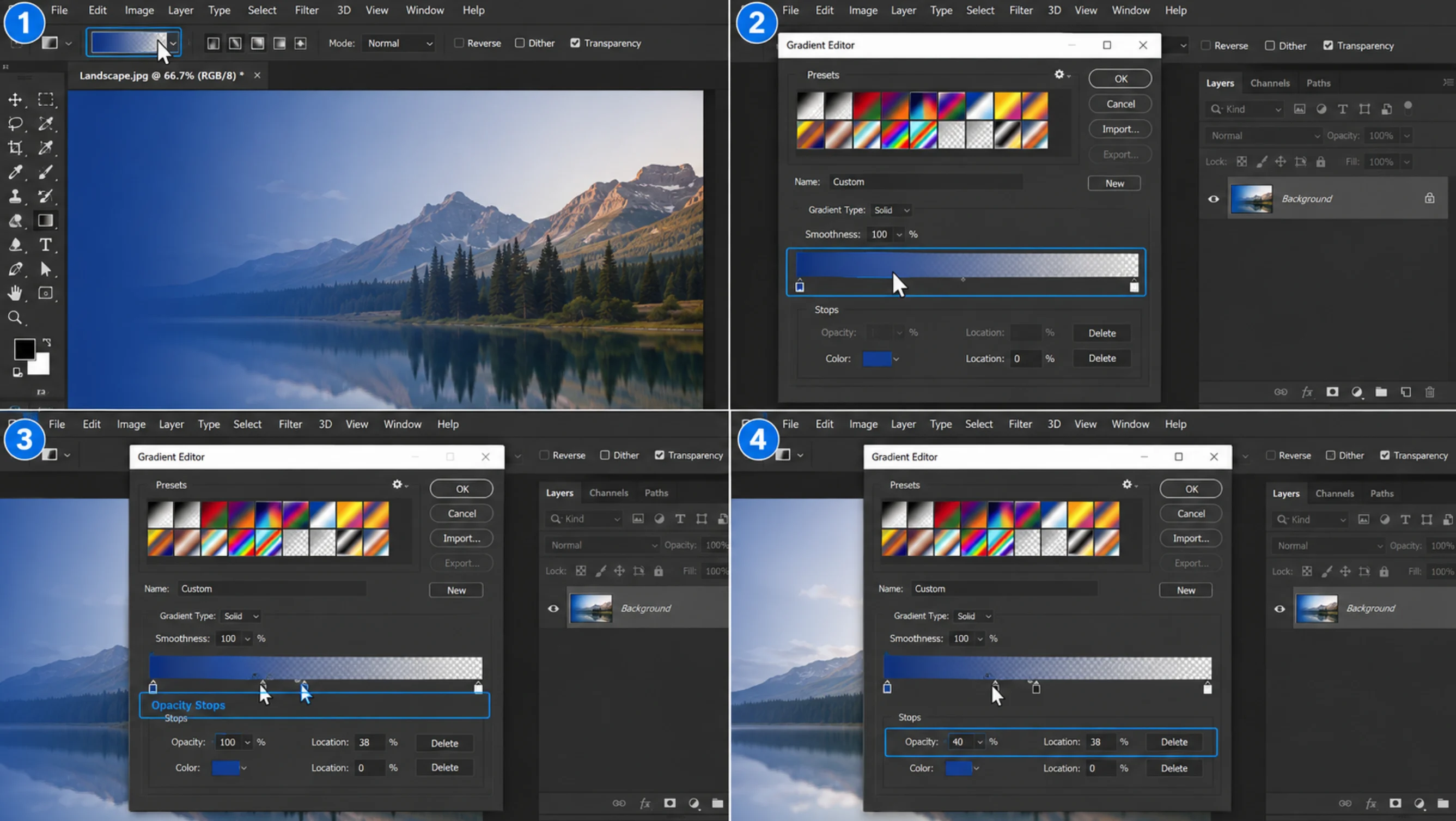 تنظیم میزان شفافیت (Opacity Stops).