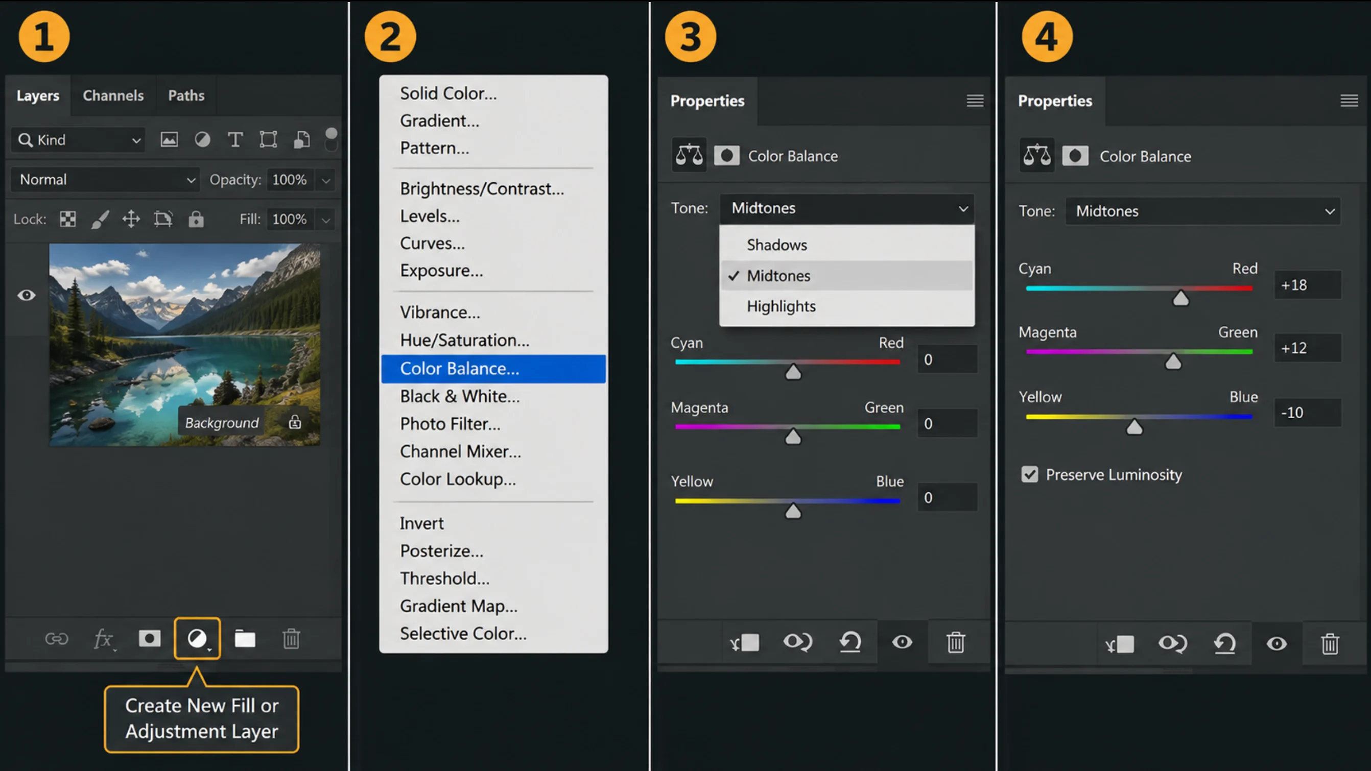 مرحله 1 تا 4 - روش Color Balance